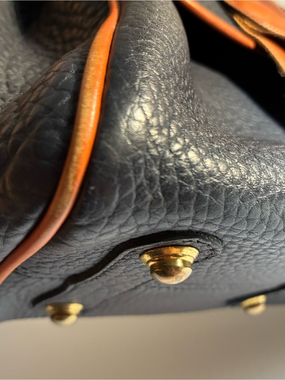 Vintage 80’s Dooney & Bourke Black Pebbled Leather Satchel with Brown Trim Navy - Picture 8 of 15